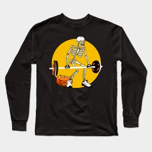 Skeleton Weight lifting Pumpkin Funny Halloween Long Sleeve T-Shirt